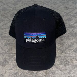 Patagonia Black Trucker Hat with Blue and Purple Logo